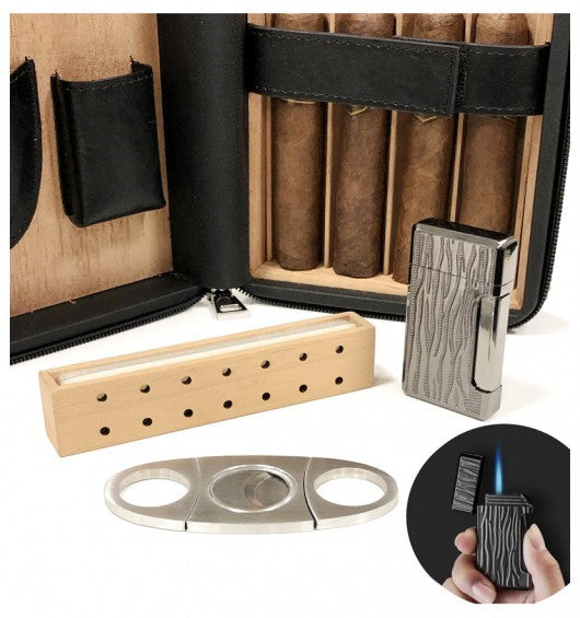 Leather Travel Humidor Case with Cutter and Lighter