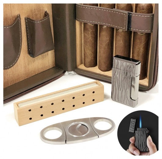 Leather Travel Humidor Case with Cutter and Lighter